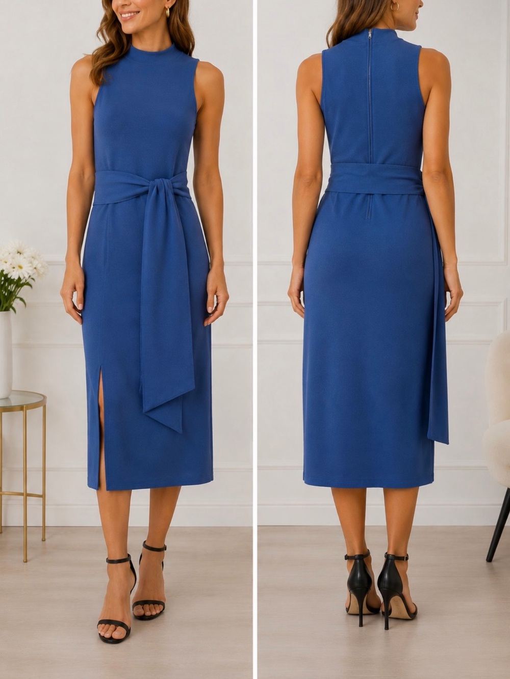 The Vintage Shop Sleeveless Tie-Waist Midi Dress in Blue